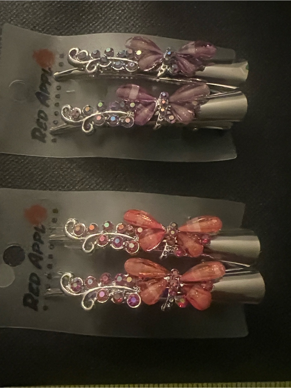 Red Apple Butterfly Hair Clips - Pink & Purple Rhinestone Accents (Set of 2)